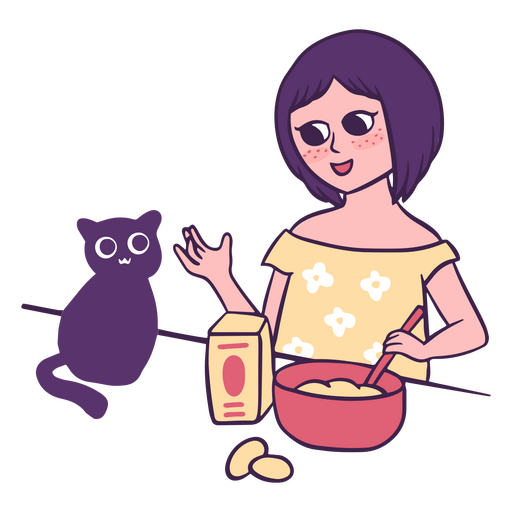 Girl and cat color stroke having breakfast PNG Design