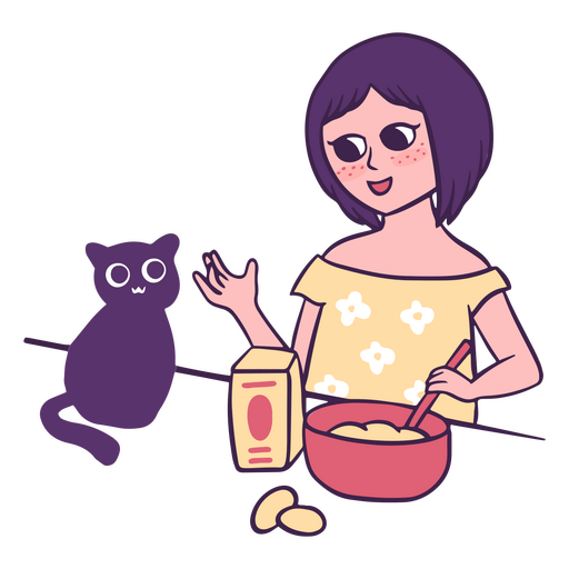 Traço de cor de menina e gato tomando café da manhã Desenho PNG