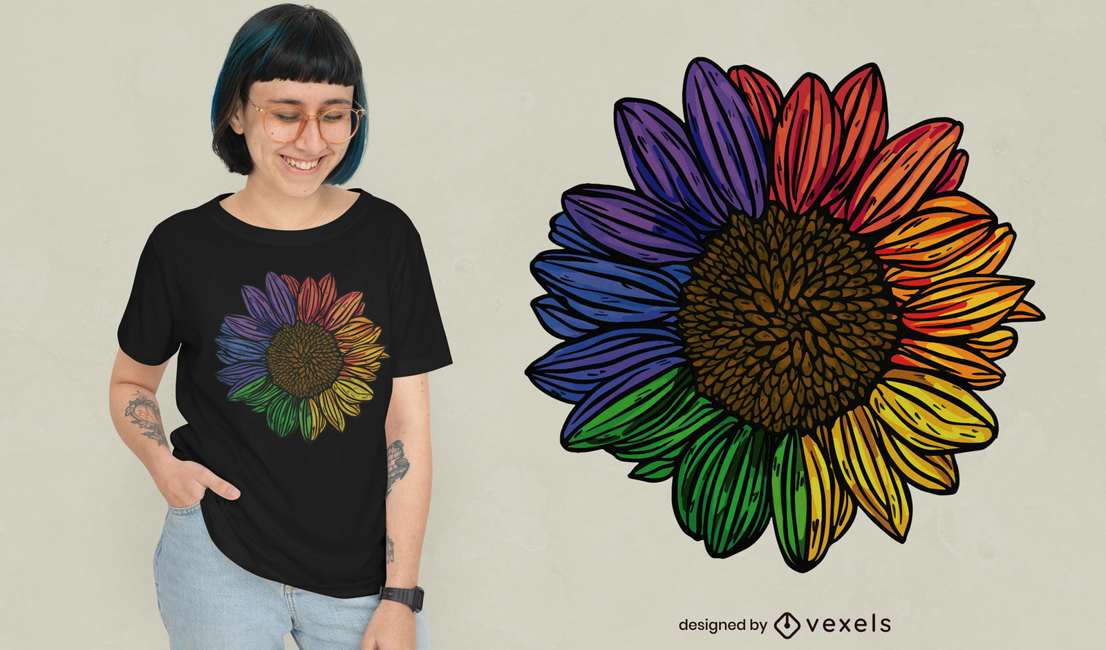 Diseño de camiseta de girasol en colores de orgullo.