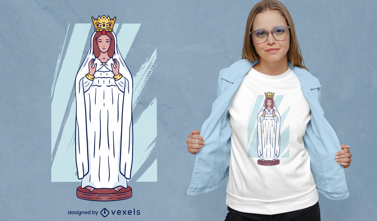 Mujer religiosa en dise?o de camiseta de vestido blanco.