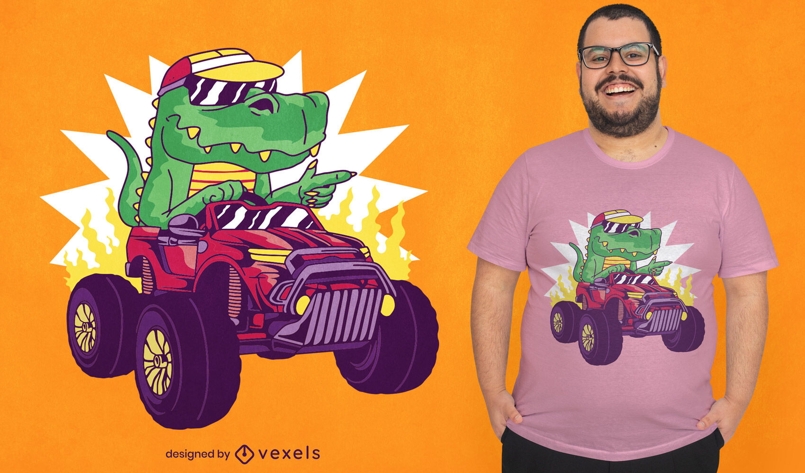 Design de camiseta de carro de condução de dinossauro T-rex