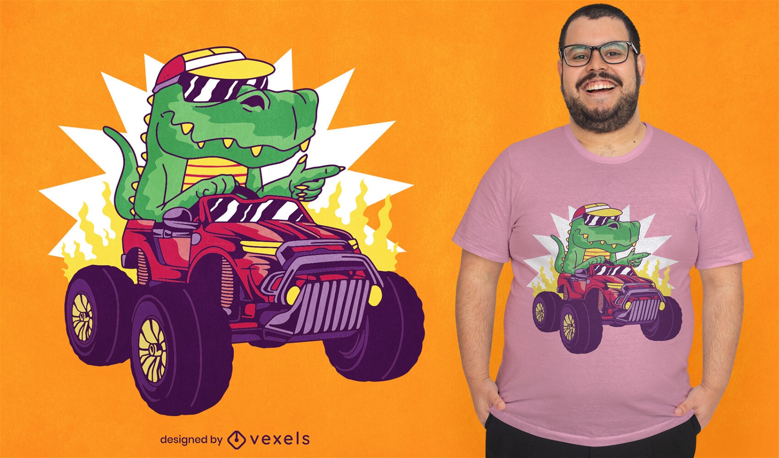 Diseño de camiseta de coche de conducción de dinosaurio T-rex