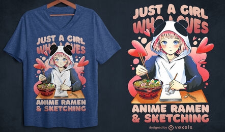 Anime-Mädchen Ramen und T-Shirt-Design skizzieren
