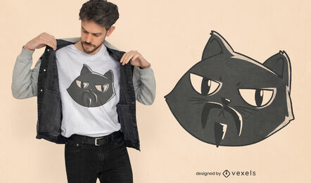 Gato preto de desenho animado com design de camiseta de bigode