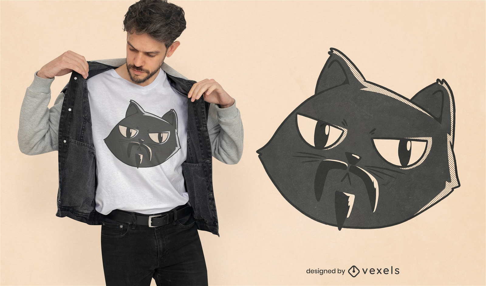 Cartoon black cat with moustache t-shirt design
