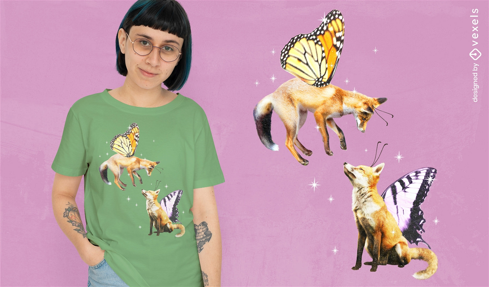 Foxes with butterfly wings t-shirt psd