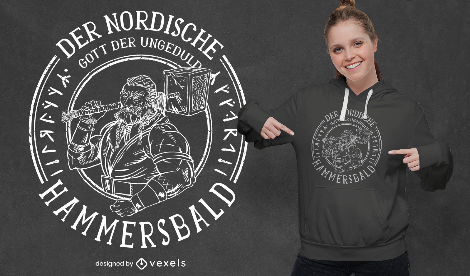 Diseño de camiseta vikingo con insignia de martillo