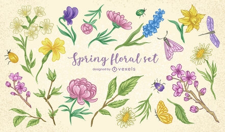 Realistic spring floral set