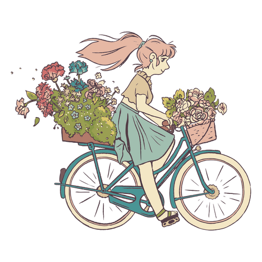 Menina andando de bicicleta com flores Desenho PNG