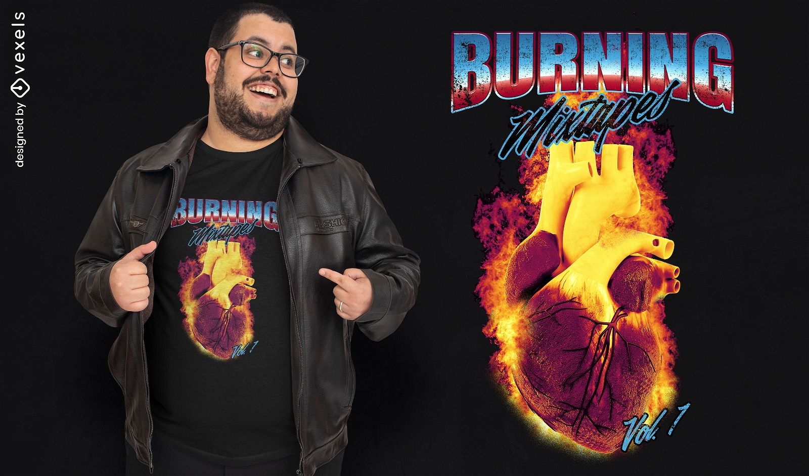 Camiseta anatómica 3D corazón en llamas psd