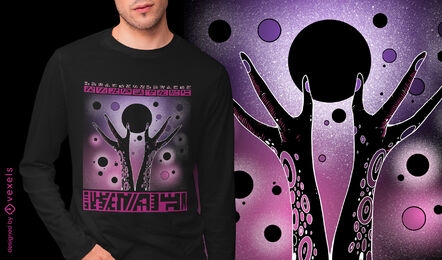 Mãos alienígenas cósmicas com design de camiseta do planeta