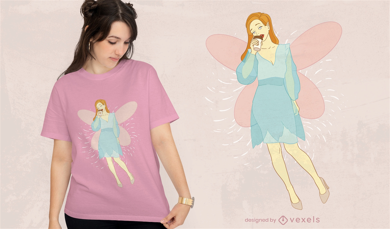 Tired fairy drinking coffee t-shirt design