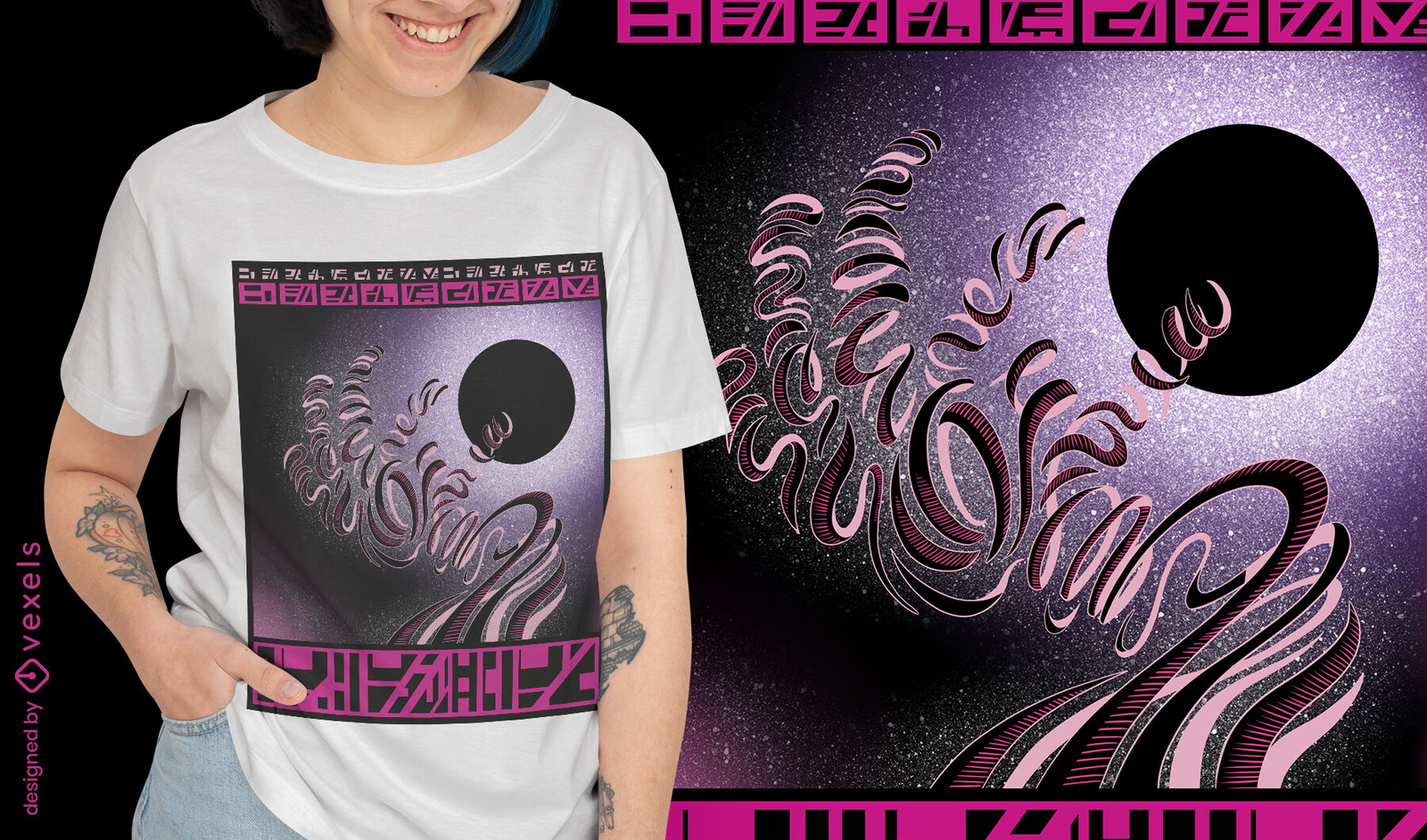 Mano cósmica sobrenatural en diseño de camiseta espacial.