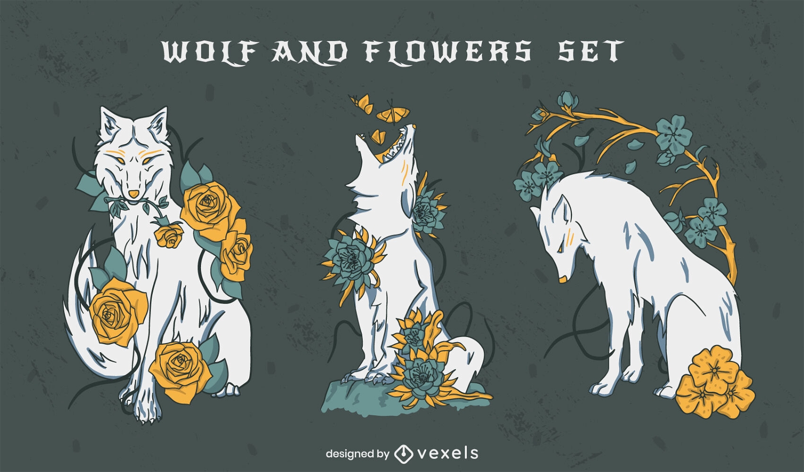Conjunto de caracteres de lobo e flores