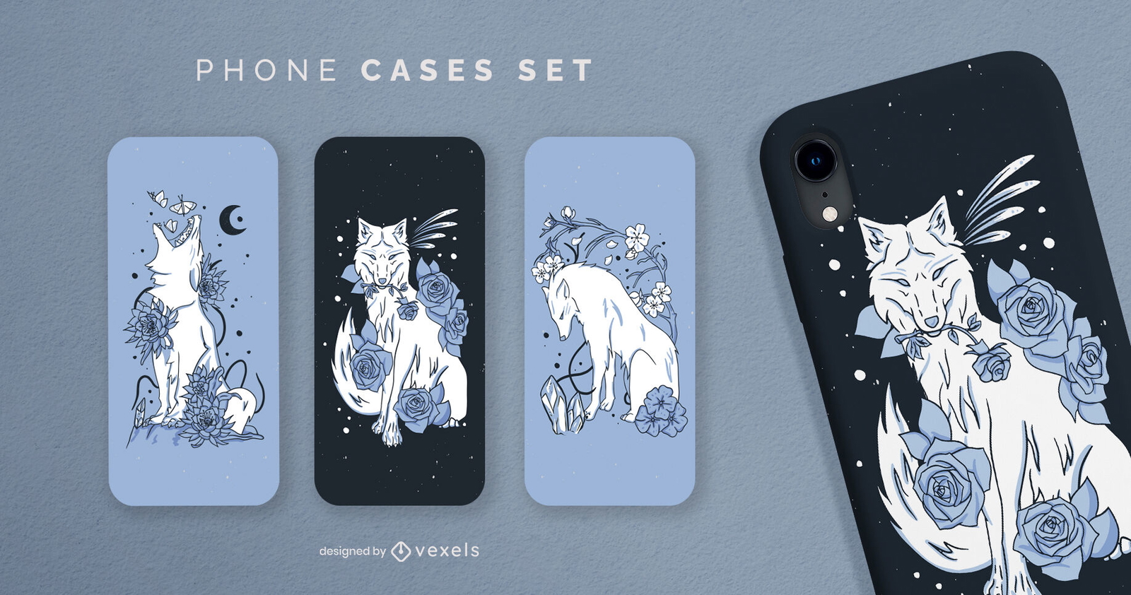 Set de fundas para móvil lobo y flores