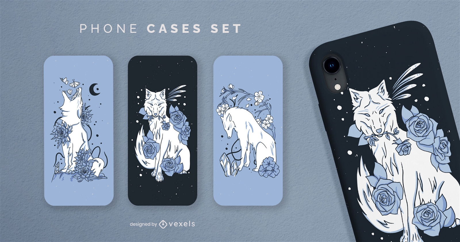 Wolf and flowers phone case set