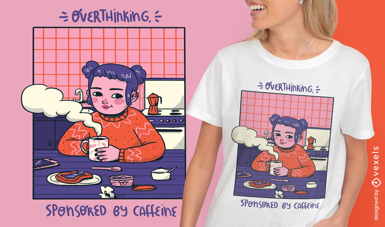 Mädchen mit gemütlichem Comic-T-Shirt-Design des Kaffees