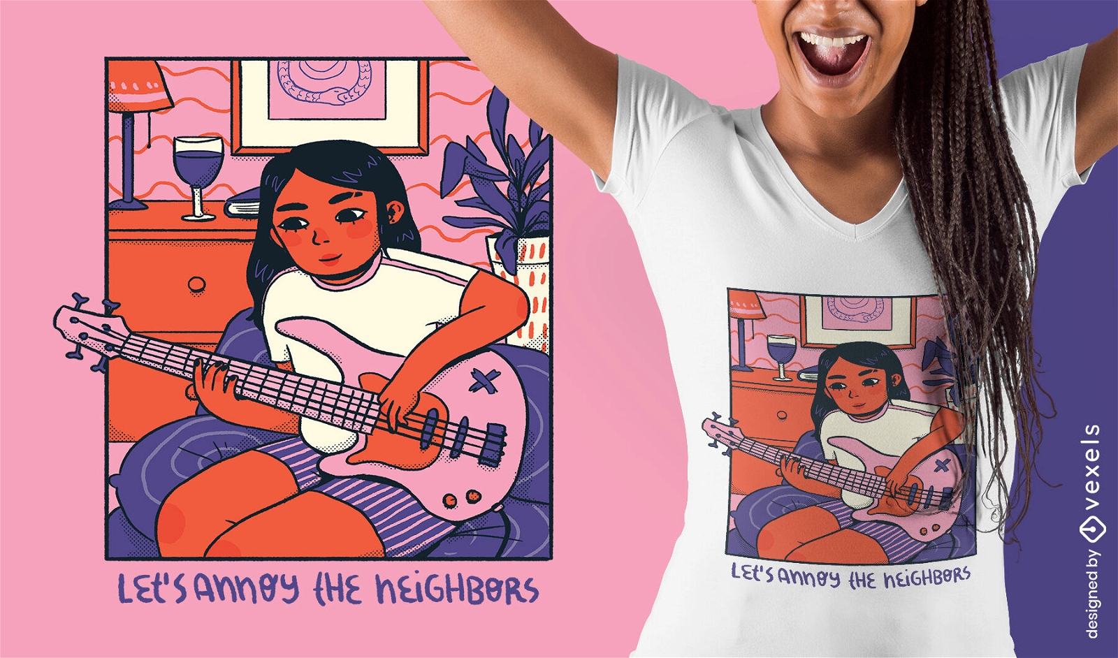 Girl playing bass cozy comic t-shirt design