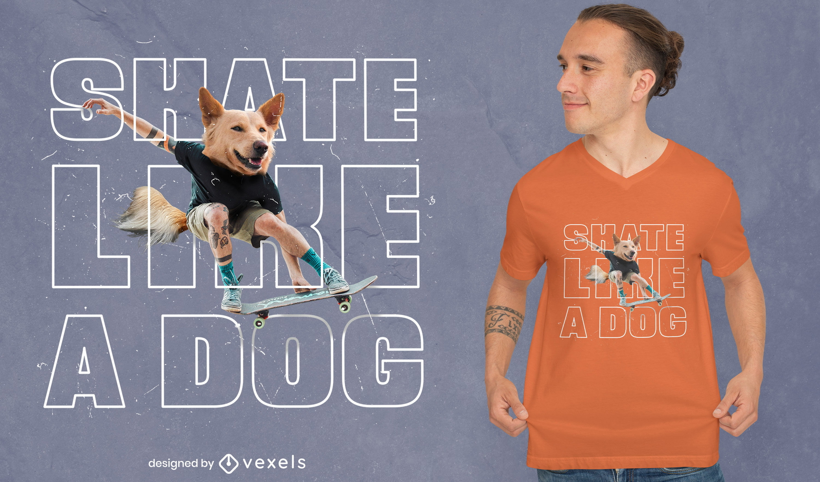 Pessoa com camiseta de skate de cabeça de cachorro psd