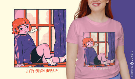 Garota na janela aconchegante design de camiseta em quadrinhos