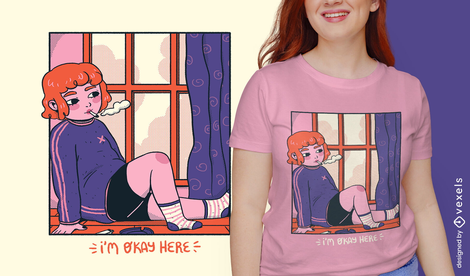 Chica en la ventana acogedor diseño de camiseta cómica