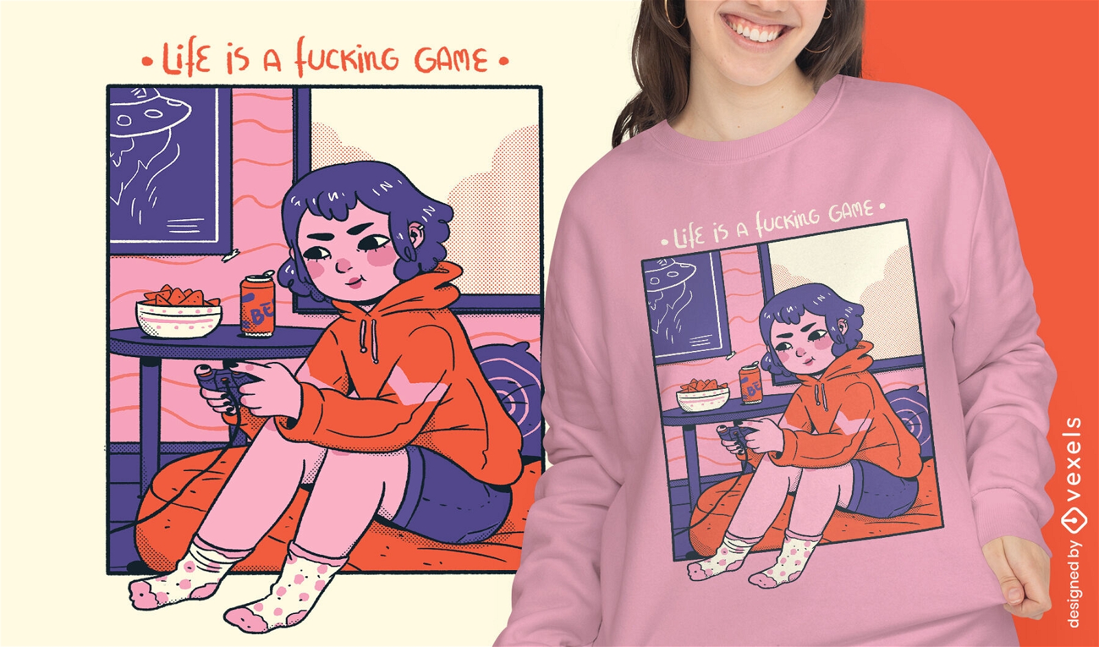 Girl playing videogames cozy comic t-shirt design