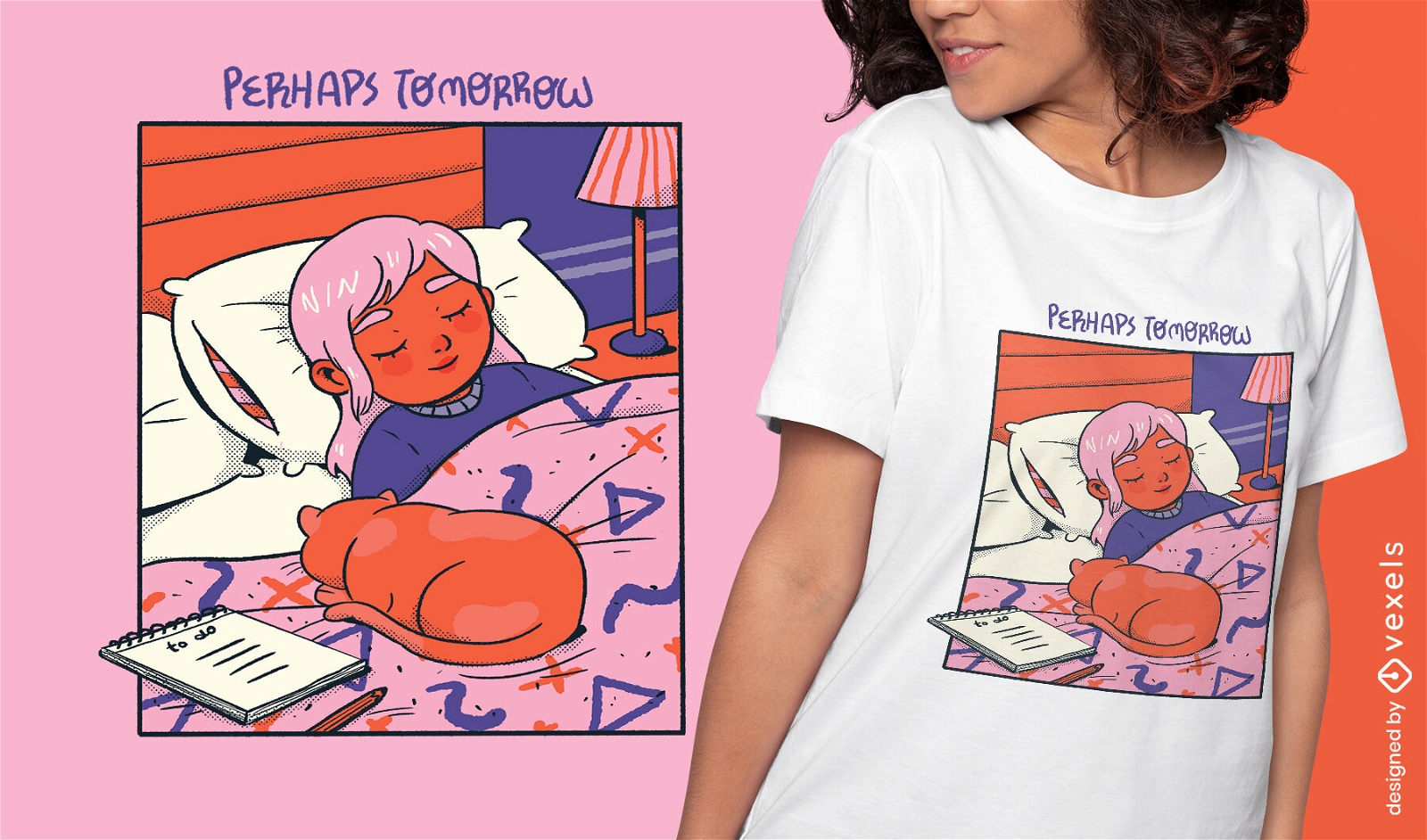 Chica y gato durmiendo acogedor diseño de camiseta cómica.