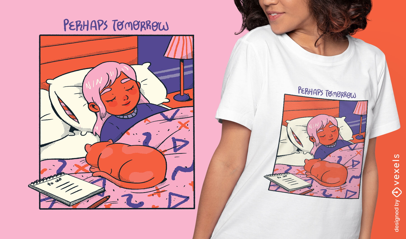 Mädchen und Katze schlafen gemütliches Comic-T-Shirt-Design