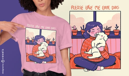Diseño de camiseta cómica acogedora de niña y perro.