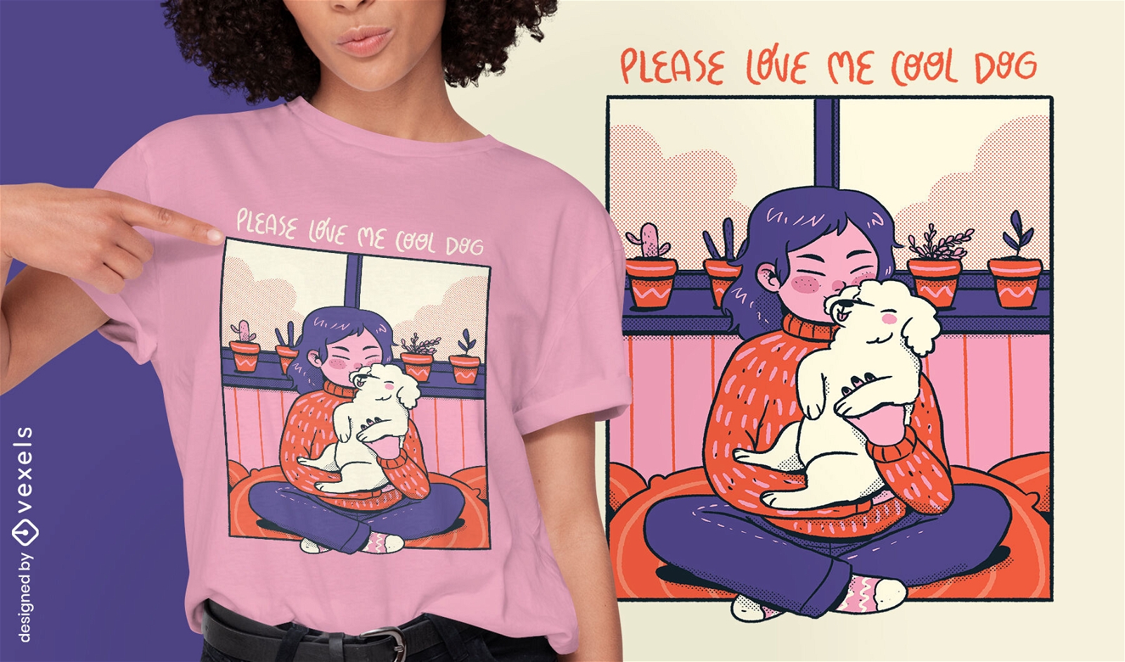 Diseño de camiseta cómica acogedora de niña y perro.