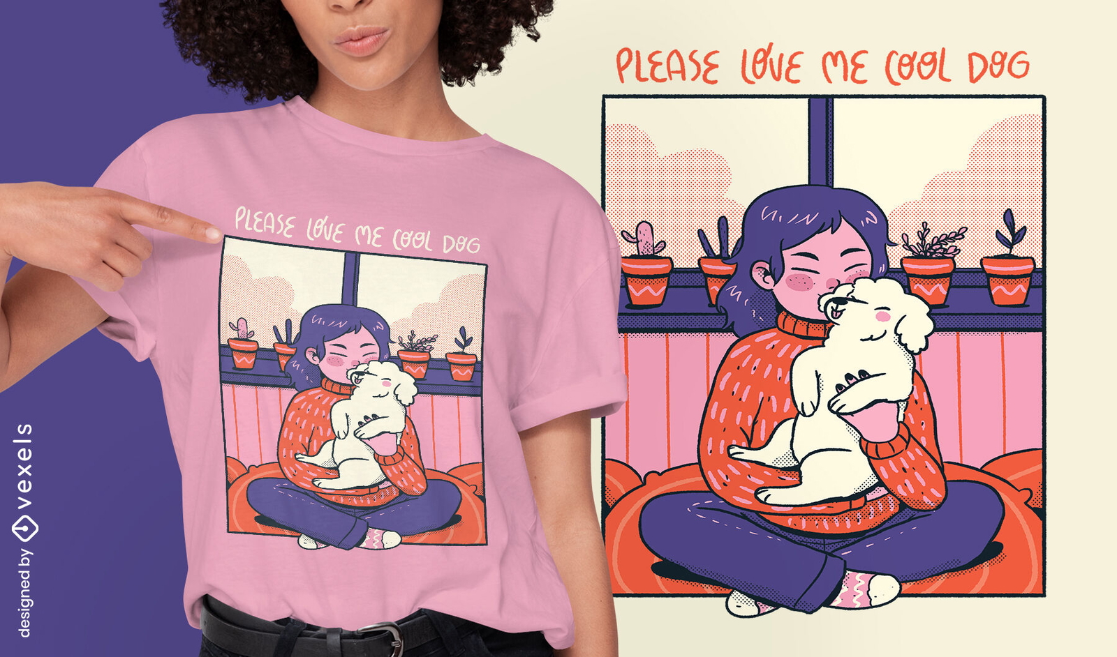 Mädchen und Hund gemütliches Comic-T-Shirt-Design