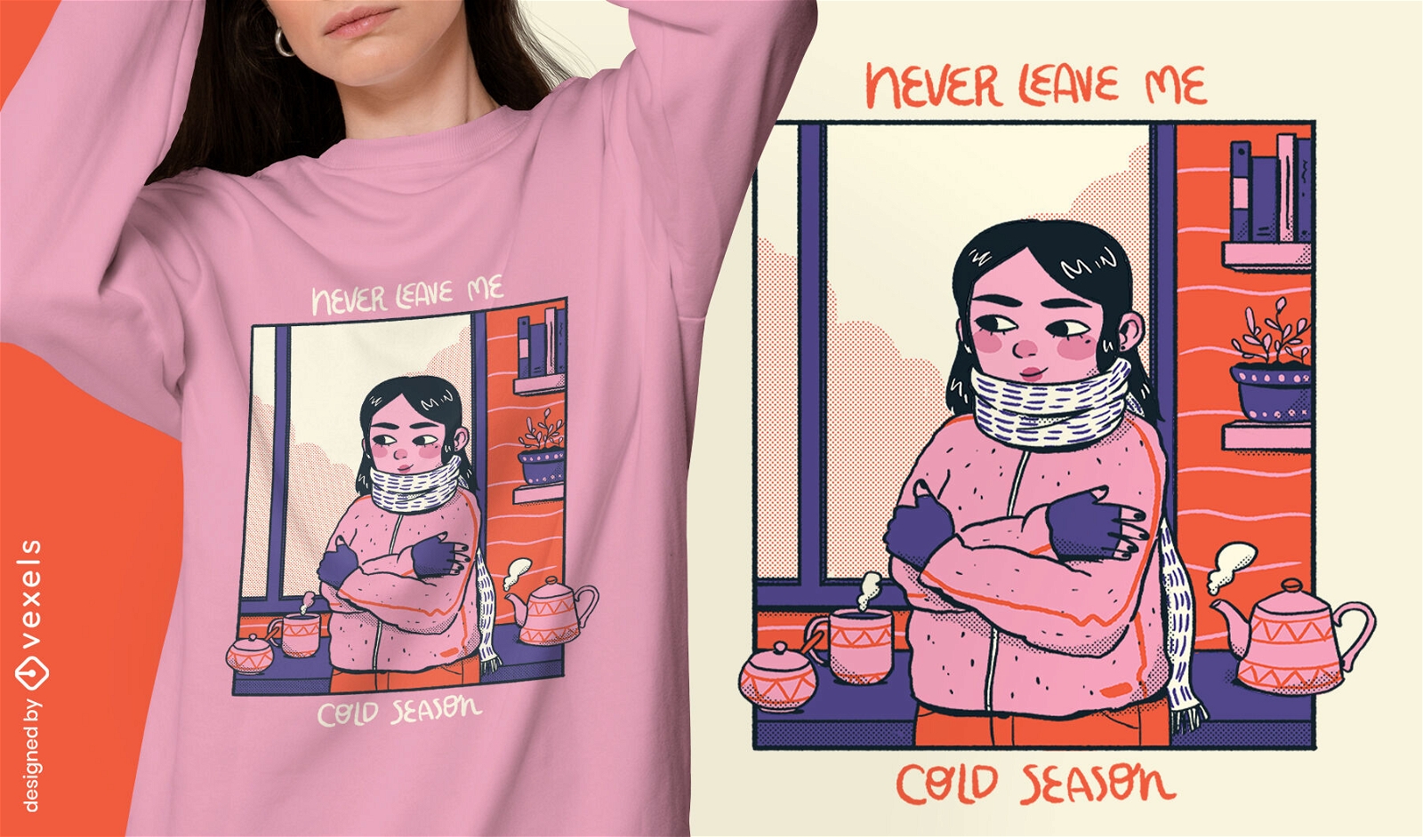Garota com roupas de inverno aconchegante design de camiseta em quadrinhos