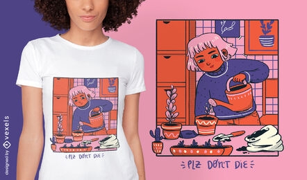 Girl watering plants cozy comic t-shirt design