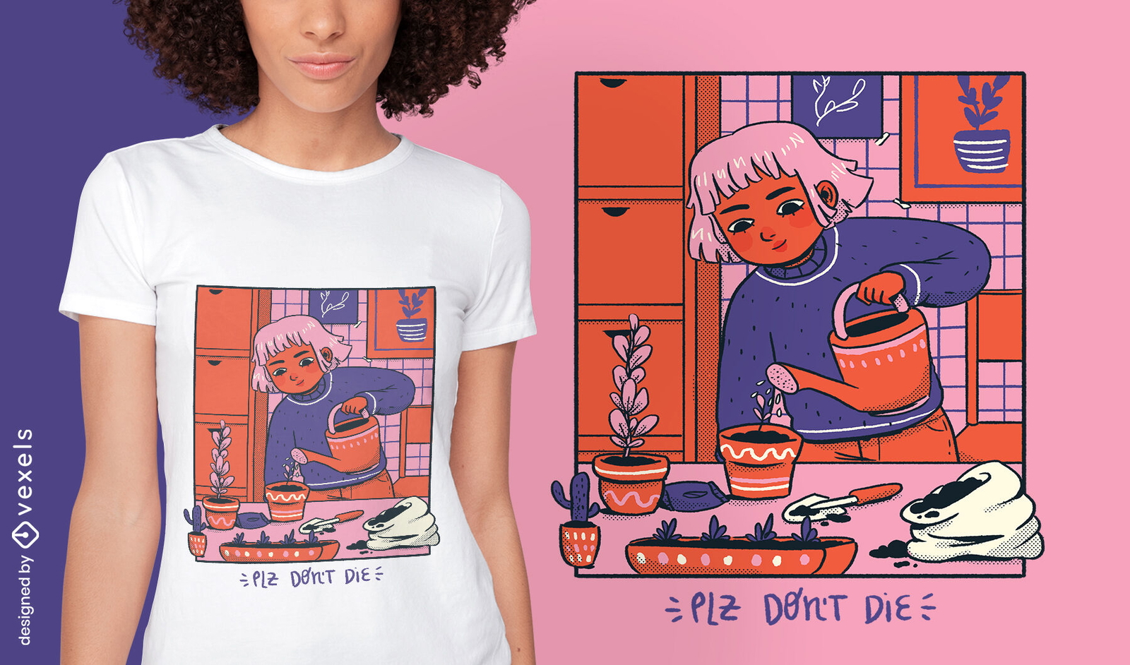 Chica regando plantas acogedor diseño de camiseta cómica