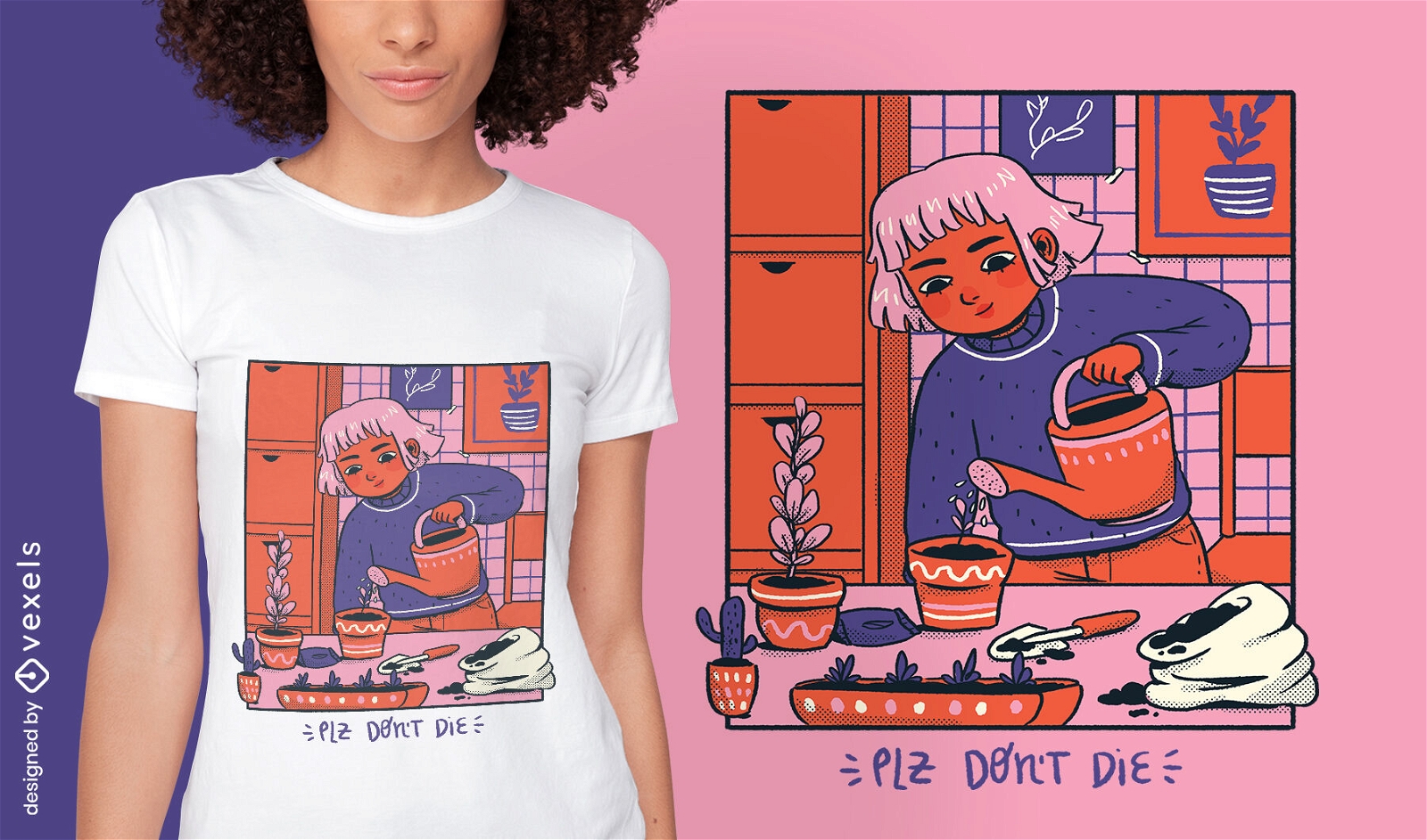 Mädchen, das Pflanzen gießt, gemütliches Comic-T-Shirt-Design