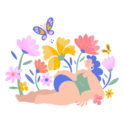 Woman laying down and flowers PNG Design