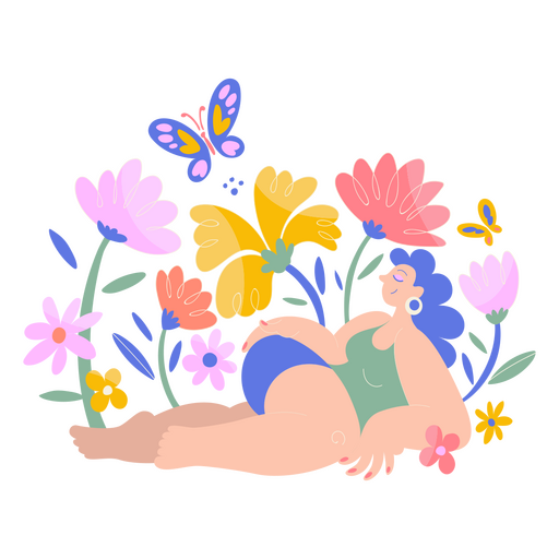 Mulher deitada e flores Desenho PNG