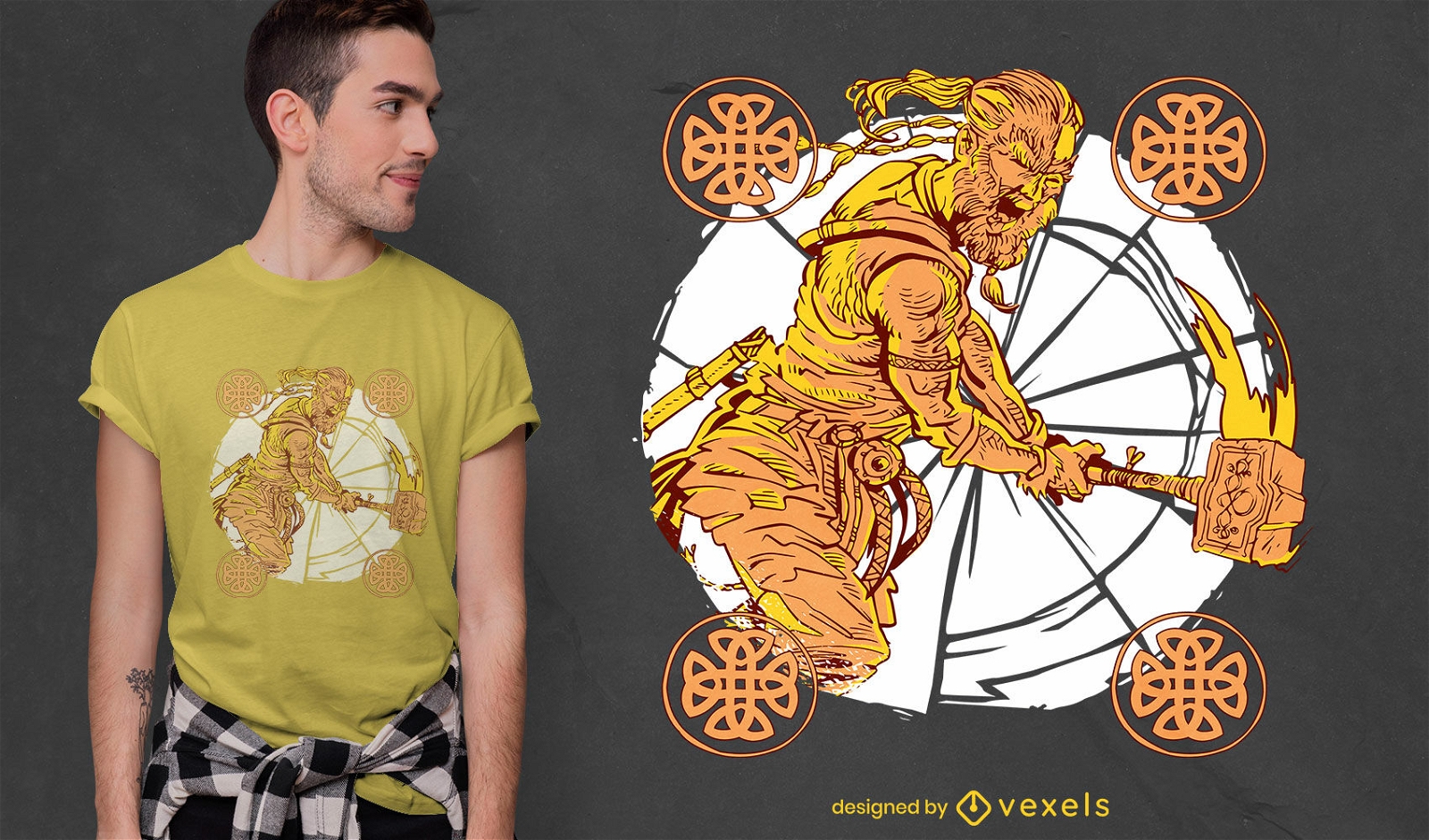 Diseño de camiseta de guerrero vikingo con martillo