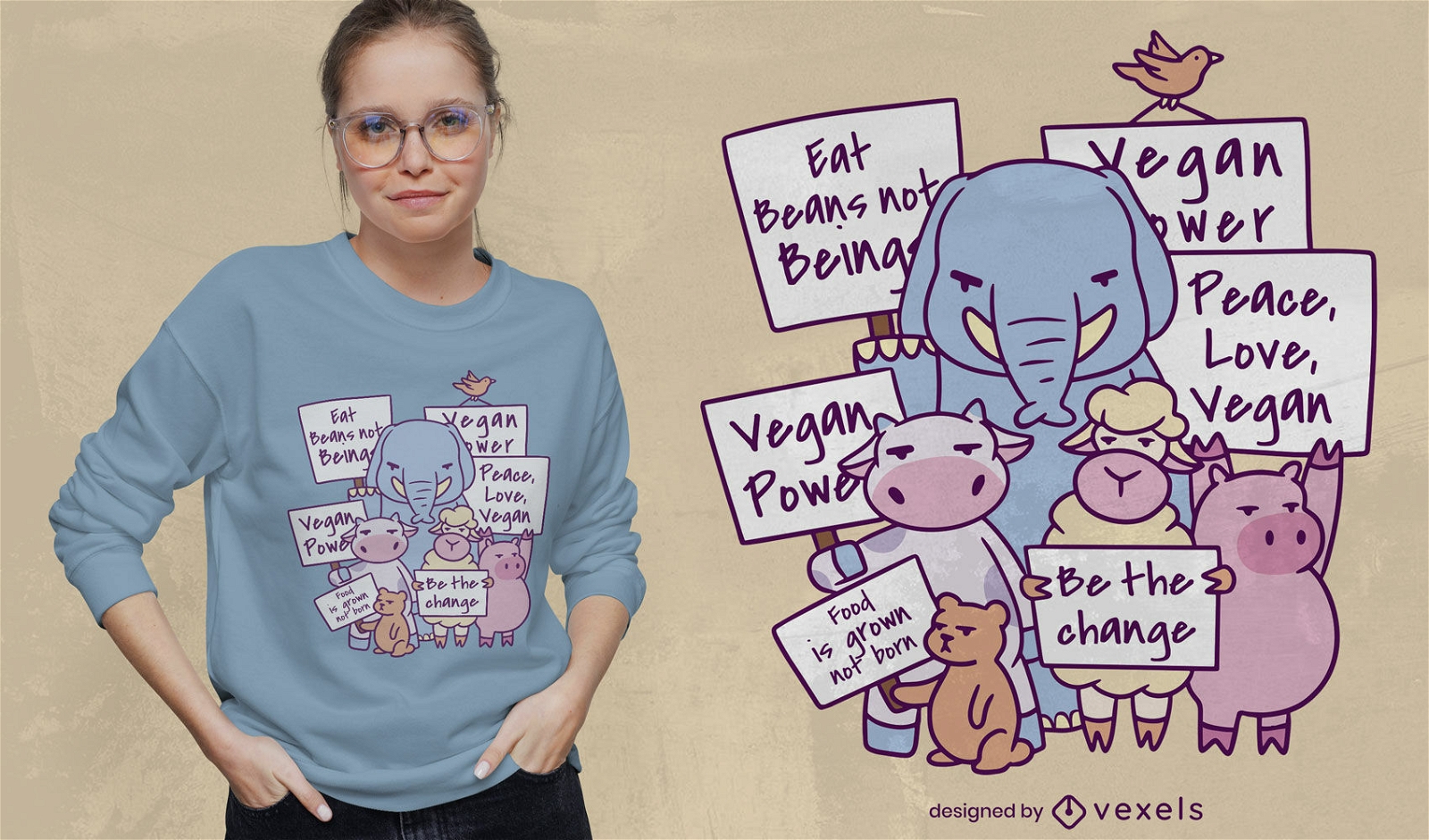 Diseño de camiseta vegana de animales que protestan