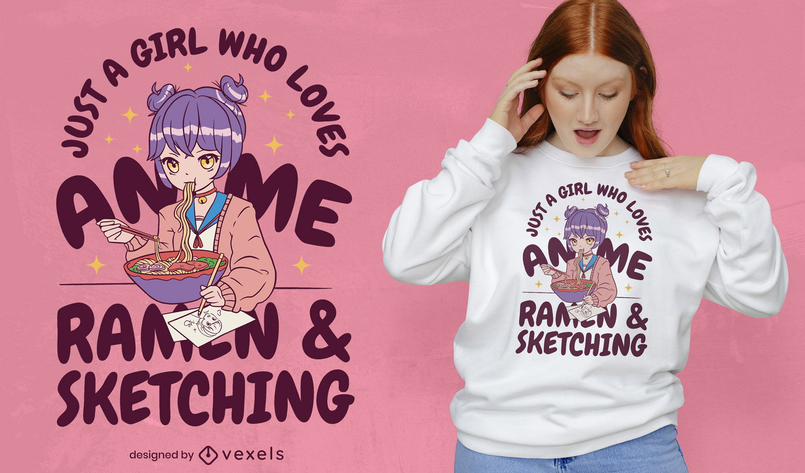 Diseño de camiseta de amor de anime y ramen.