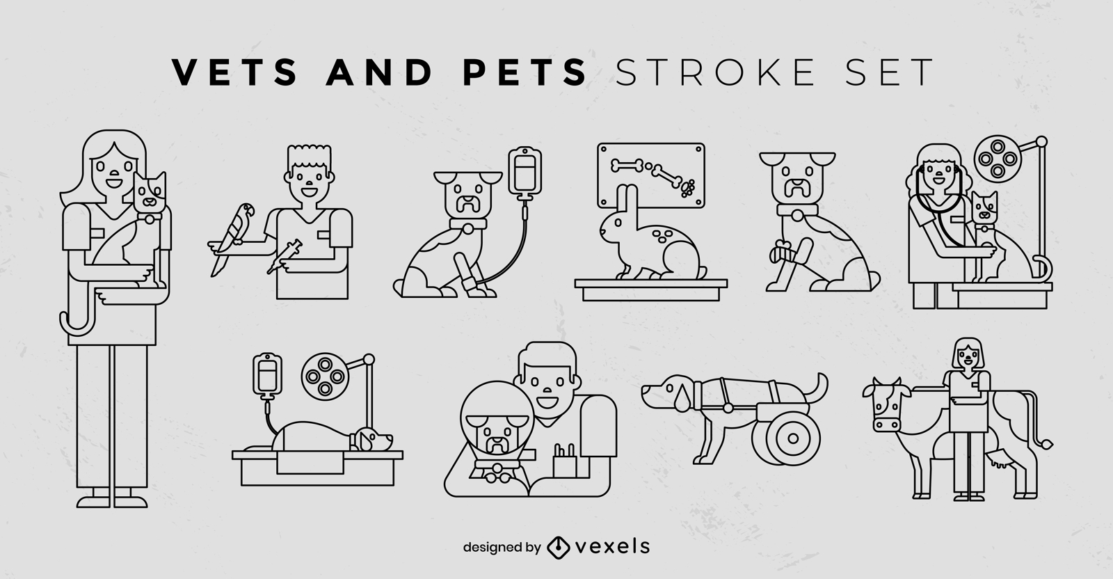 Conjunto de caracteres de traçado de veterinários e animais de estimação