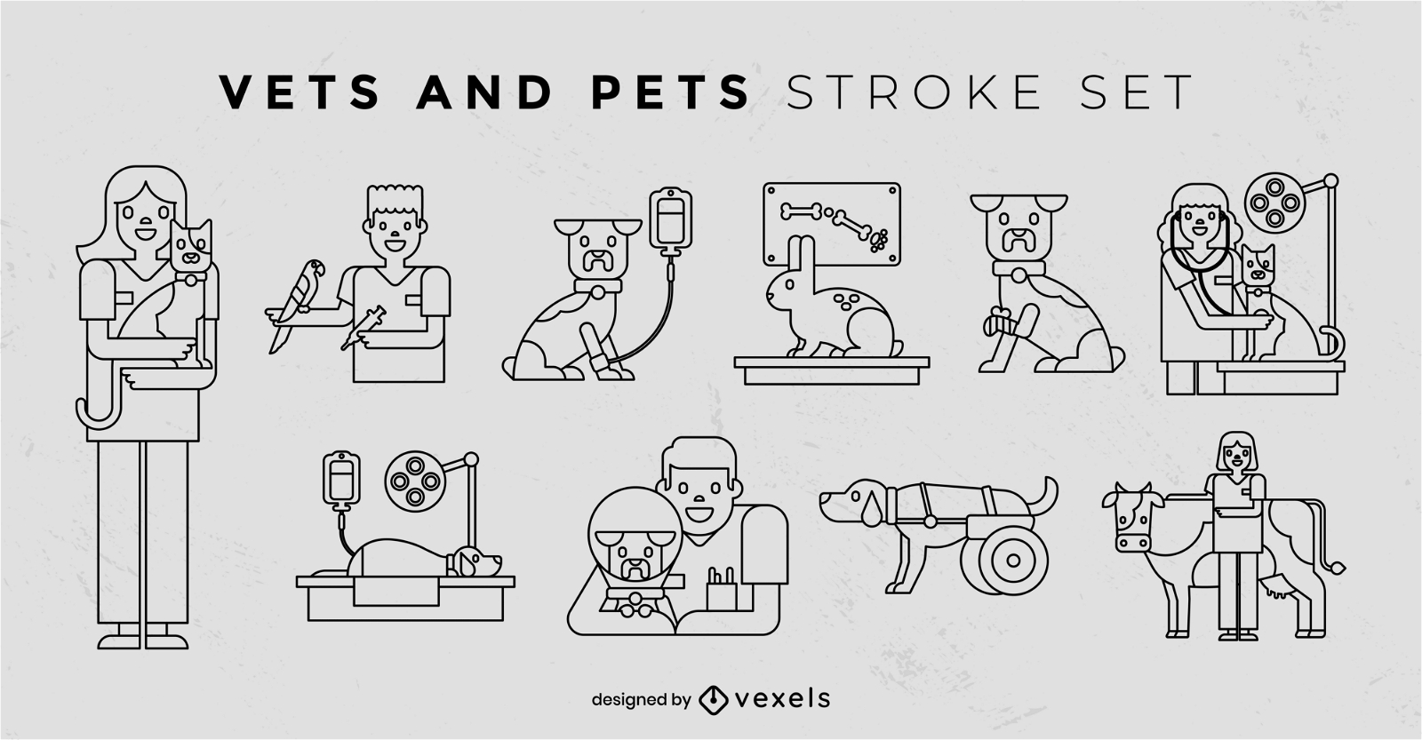 Conjunto de caracteres de trazo de veterinarios y mascotas