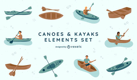 Conjunto de elementos de canoas y kayaks.