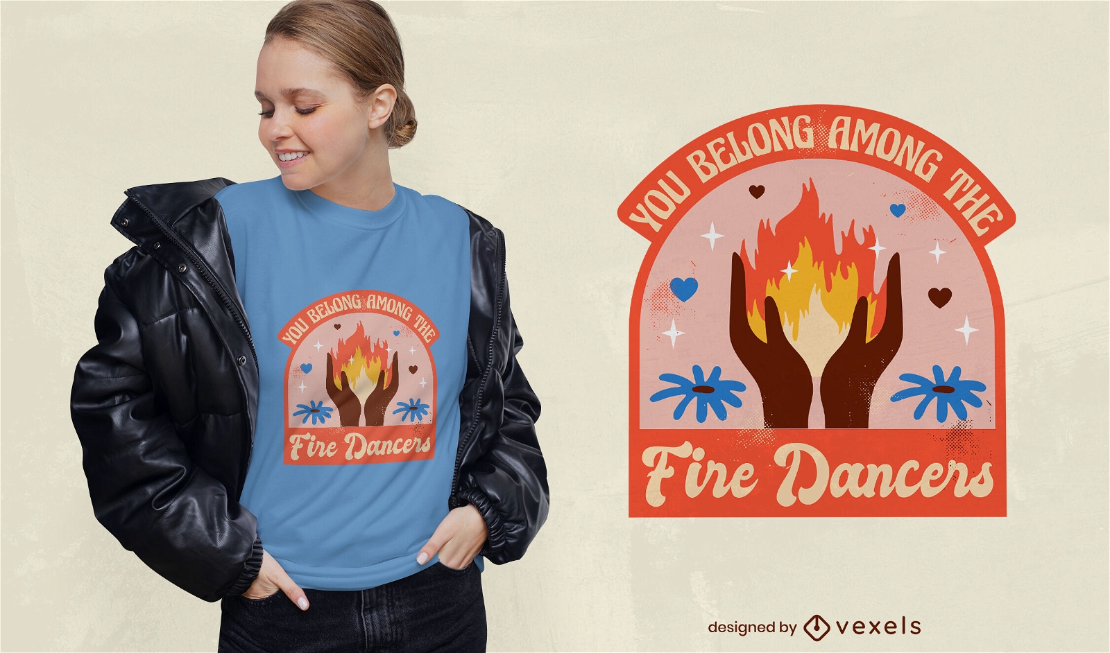 Hands holding fire retro t-shirt design