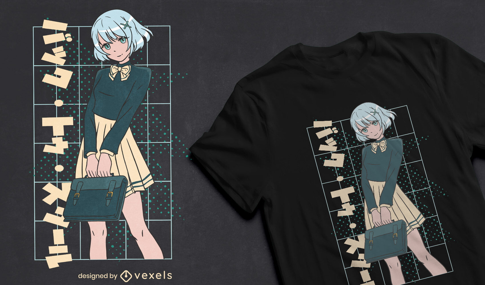 Anime-Schulmädchen mit Taschen-T-Shirt-Design