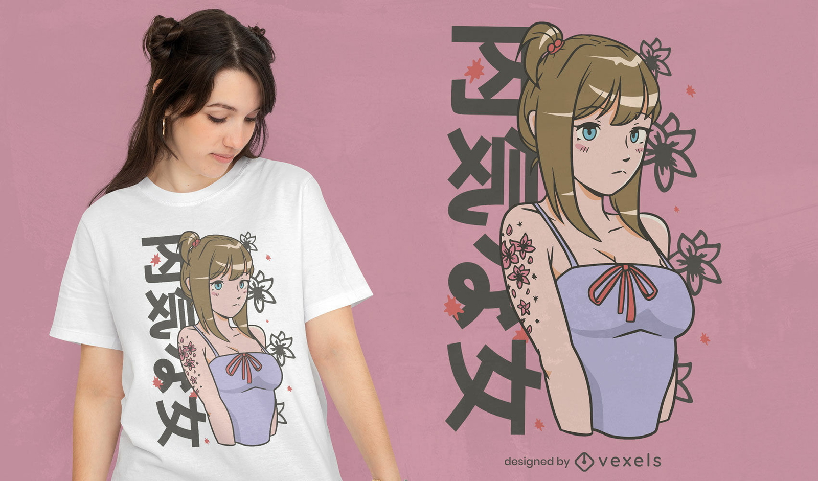 Anime-Mädchen mit Blumentätowierungs-T-Shirt Design