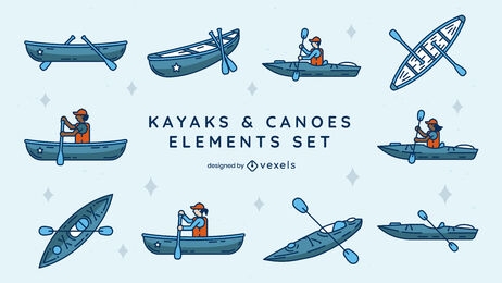 Conjunto de elementos de caiaques e canoas