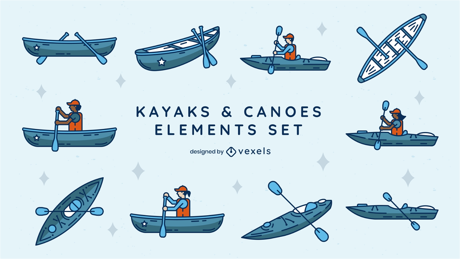 Conjunto de elementos de kayaks y canoas.
