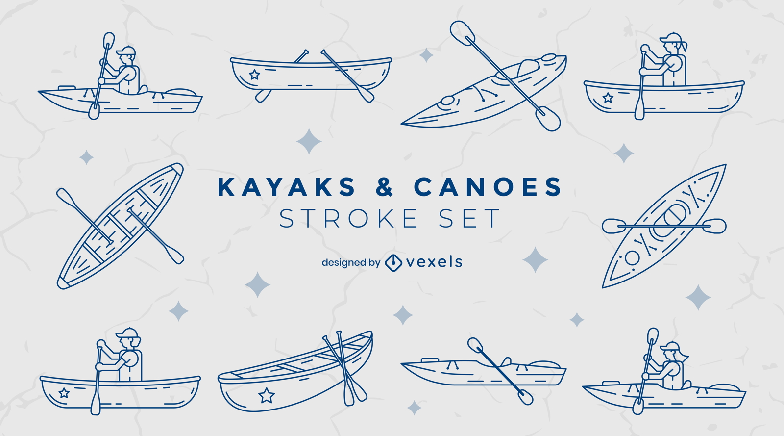 Conjunto de elementos de trazo de kayaks y canoas.