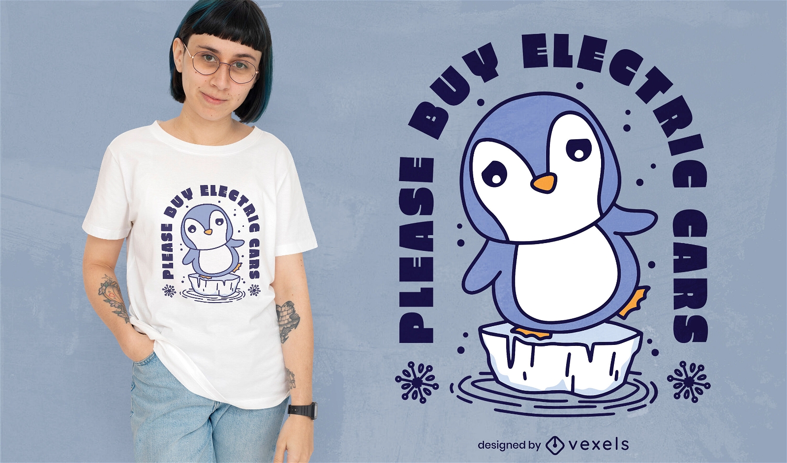 Design de camiseta de ecologia de pinguim de carros elétricos